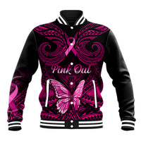 Personalised Pink Out Baseball Jacket Breast Cancer Awareness Polynesian Pattern Black Version - Wonder Print Shop