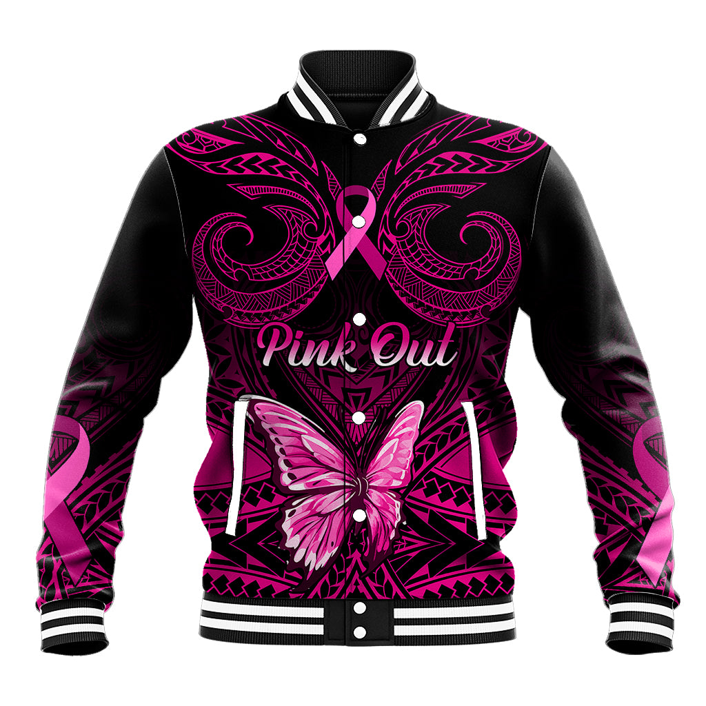 Personalised Pink Out Baseball Jacket Breast Cancer Awareness Polynesian Pattern Black Version - Wonder Print Shop