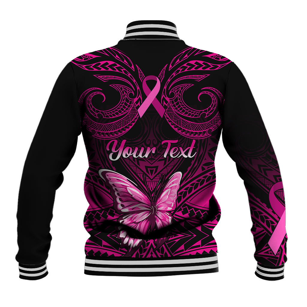 Personalised Pink Out Baseball Jacket Breast Cancer Awareness Polynesian Pattern Black Version - Wonder Print Shop