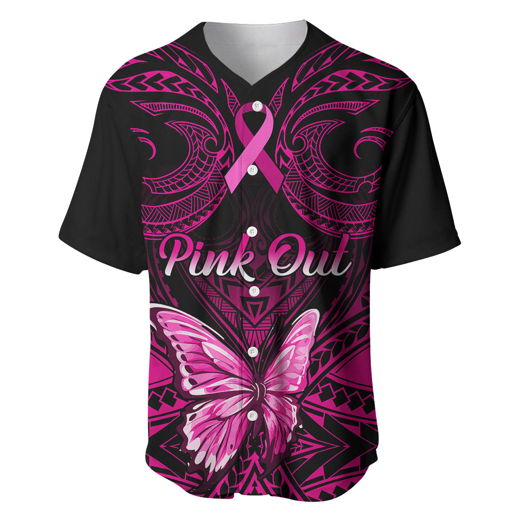 Personalised Pink Out Baseball Jersey Breast Cancer Awareness Polynesian Pattern Black Version - Wonder Print Shop