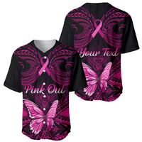 Personalised Pink Out Baseball Jersey Breast Cancer Awareness Polynesian Pattern Black Version - Wonder Print Shop