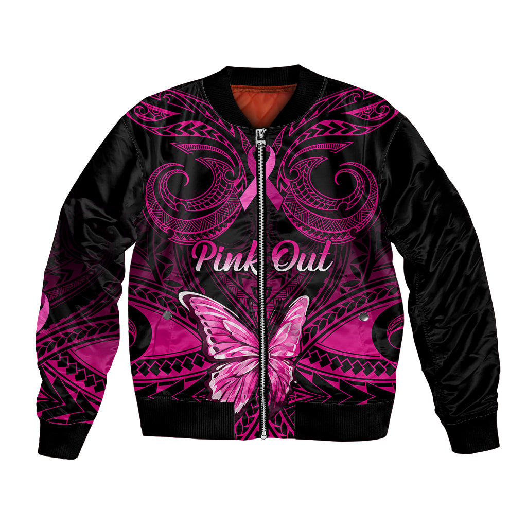 Personalised Pink Out Bomber Jacket Breast Cancer Awareness Polynesian Pattern Black Version - Wonder Print Shop