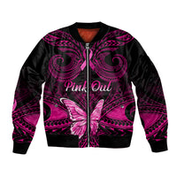 Personalised Pink Out Bomber Jacket Breast Cancer Awareness Polynesian Pattern Black Version - Wonder Print Shop