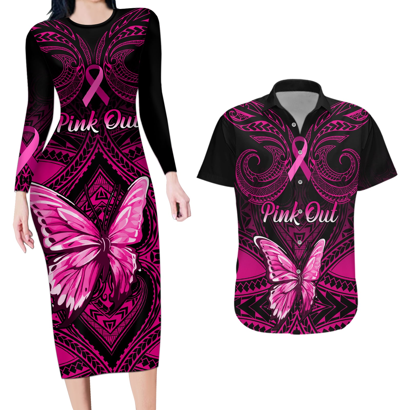 Personalised Pink Out Couples Matching Long Sleeve Bodycon Dress and Hawaiian Shirt Breast Cancer Awareness Polynesian Pattern Black Version - Wonder Print Shop
