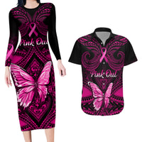 Personalised Pink Out Couples Matching Long Sleeve Bodycon Dress and Hawaiian Shirt Breast Cancer Awareness Polynesian Pattern Black Version - Wonder Print Shop