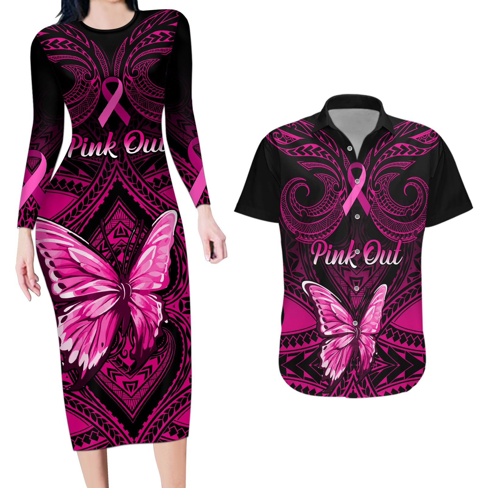 Personalised Pink Out Couples Matching Long Sleeve Bodycon Dress and Hawaiian Shirt Breast Cancer Awareness Polynesian Pattern Black Version - Wonder Print Shop