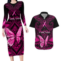 Personalised Pink Out Couples Matching Long Sleeve Bodycon Dress and Hawaiian Shirt Breast Cancer Awareness Polynesian Pattern Black Version - Wonder Print Shop