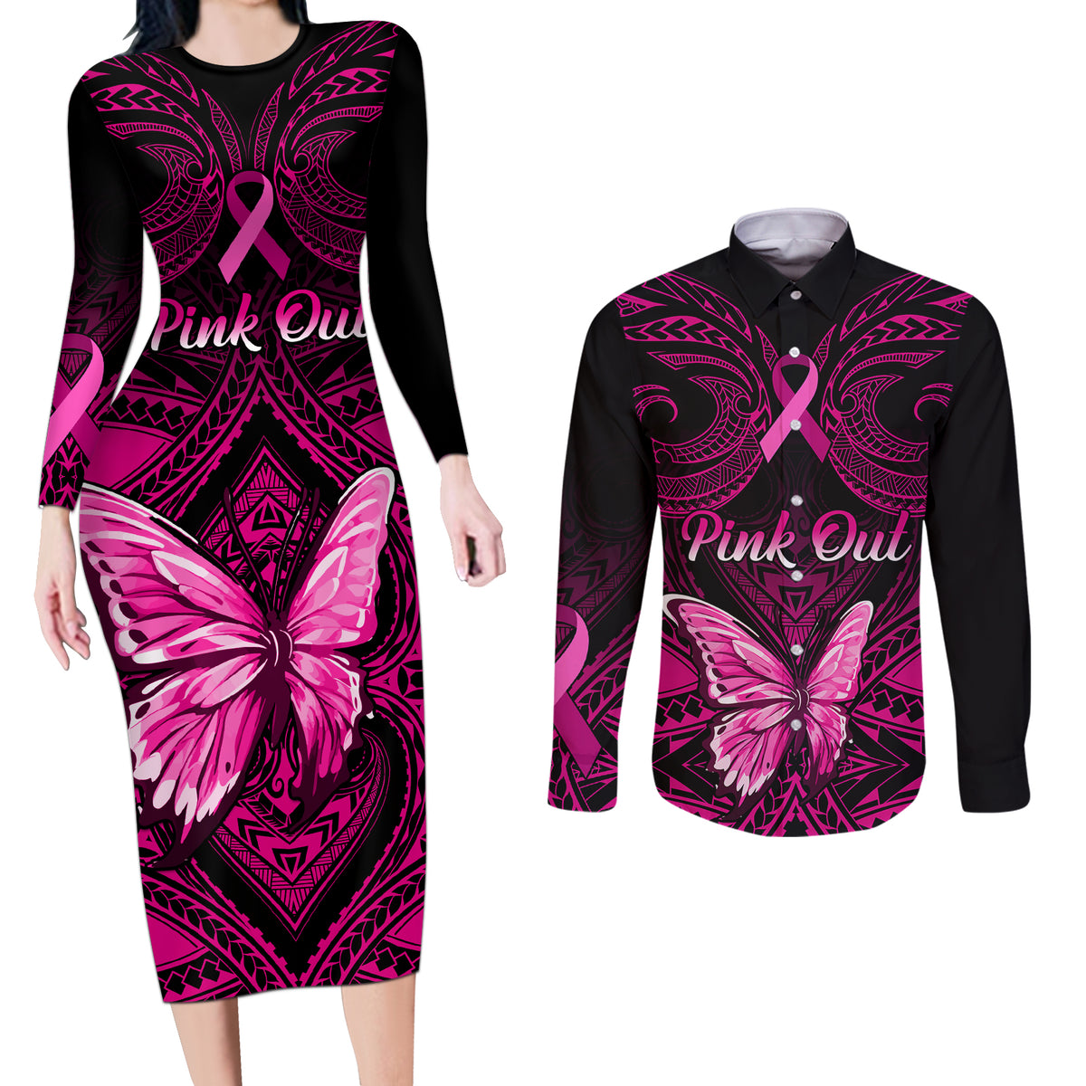 Personalised Pink Out Couples Matching Long Sleeve Bodycon Dress and Long Sleeve Button Shirts Breast Cancer Awareness Polynesian Pattern Black Version - Wonder Print Shop