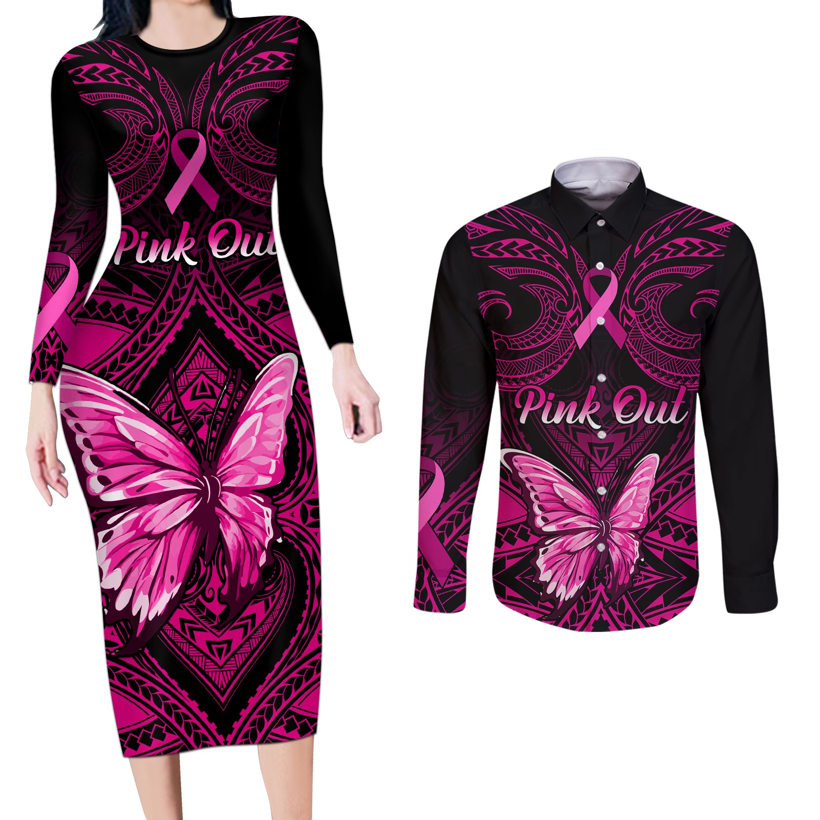 Personalised Pink Out Couples Matching Long Sleeve Bodycon Dress and Long Sleeve Button Shirts Breast Cancer Awareness Polynesian Pattern Black Version - Wonder Print Shop