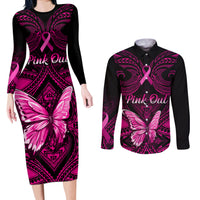Personalised Pink Out Couples Matching Long Sleeve Bodycon Dress and Long Sleeve Button Shirts Breast Cancer Awareness Polynesian Pattern Black Version - Wonder Print Shop