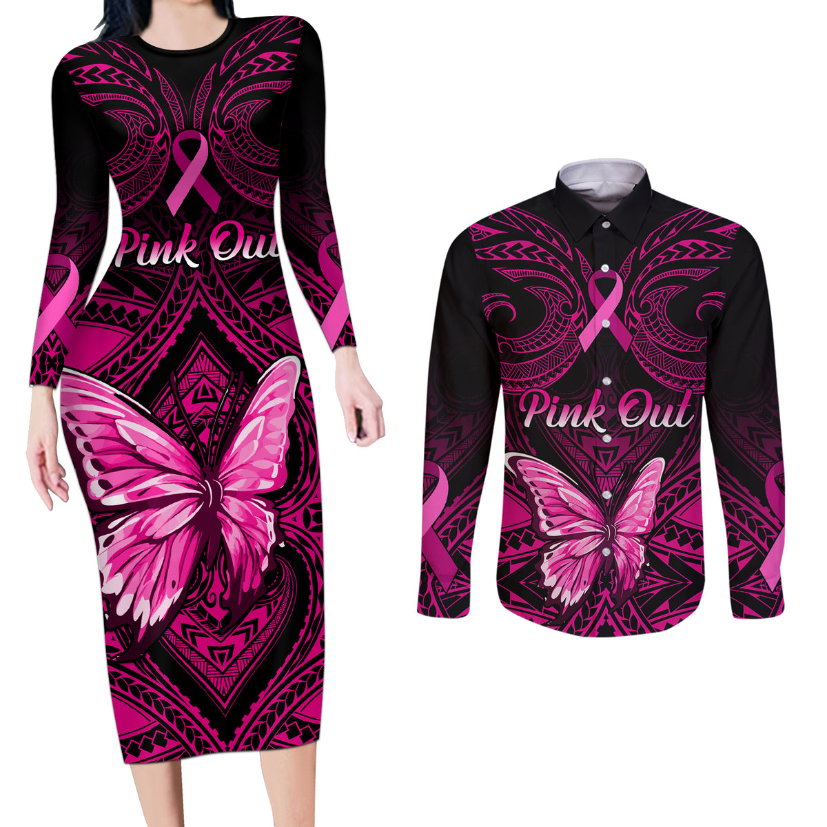 Personalised Pink Out Couples Matching Long Sleeve Bodycon Dress and Long Sleeve Button Shirts Breast Cancer Awareness Polynesian Pattern Black Version - Wonder Print Shop