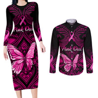 Personalised Pink Out Couples Matching Long Sleeve Bodycon Dress and Long Sleeve Button Shirts Breast Cancer Awareness Polynesian Pattern Black Version - Wonder Print Shop