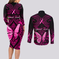 Personalised Pink Out Couples Matching Long Sleeve Bodycon Dress and Long Sleeve Button Shirts Breast Cancer Awareness Polynesian Pattern Black Version - Wonder Print Shop