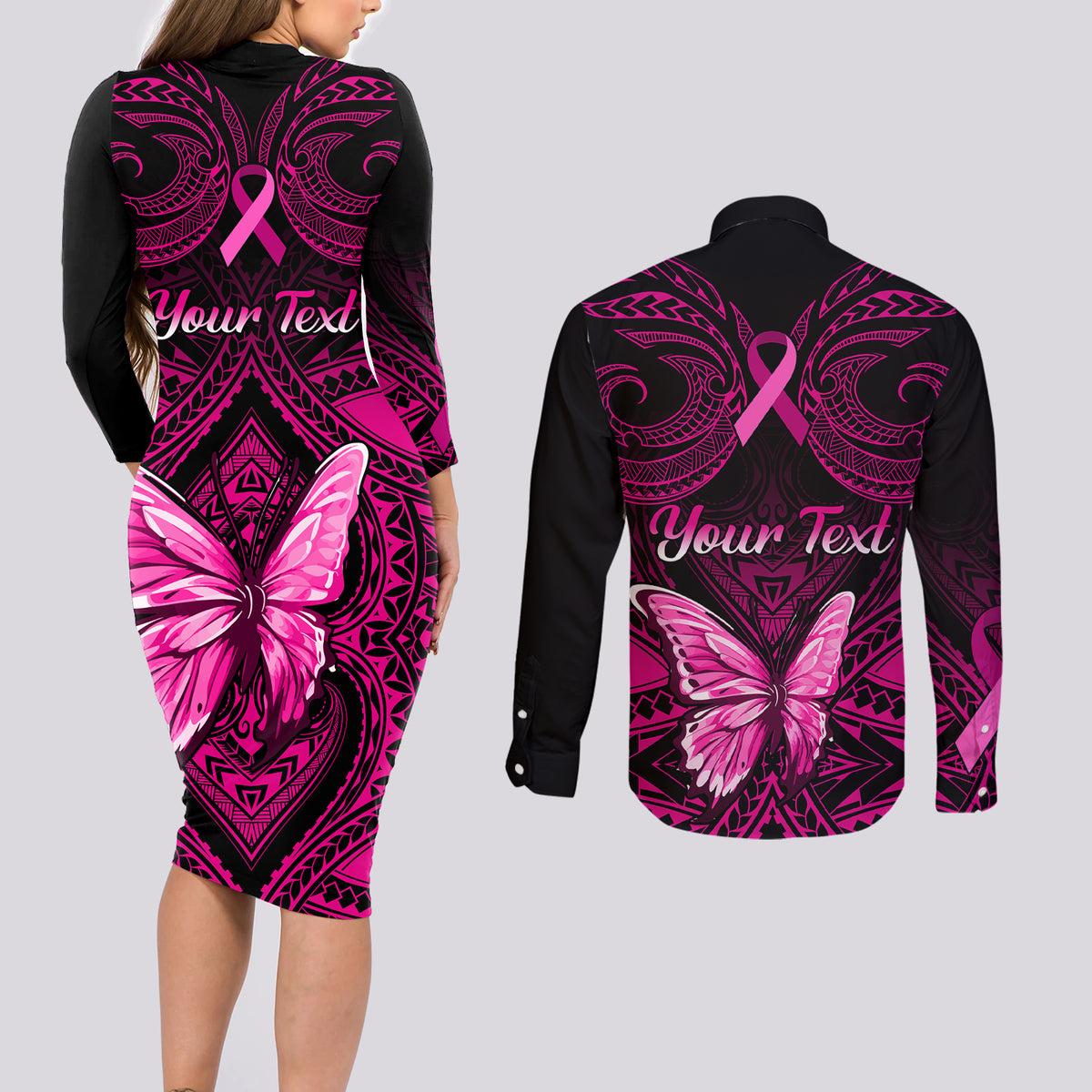 Personalised Pink Out Couples Matching Long Sleeve Bodycon Dress and Long Sleeve Button Shirts Breast Cancer Awareness Polynesian Pattern Black Version - Wonder Print Shop