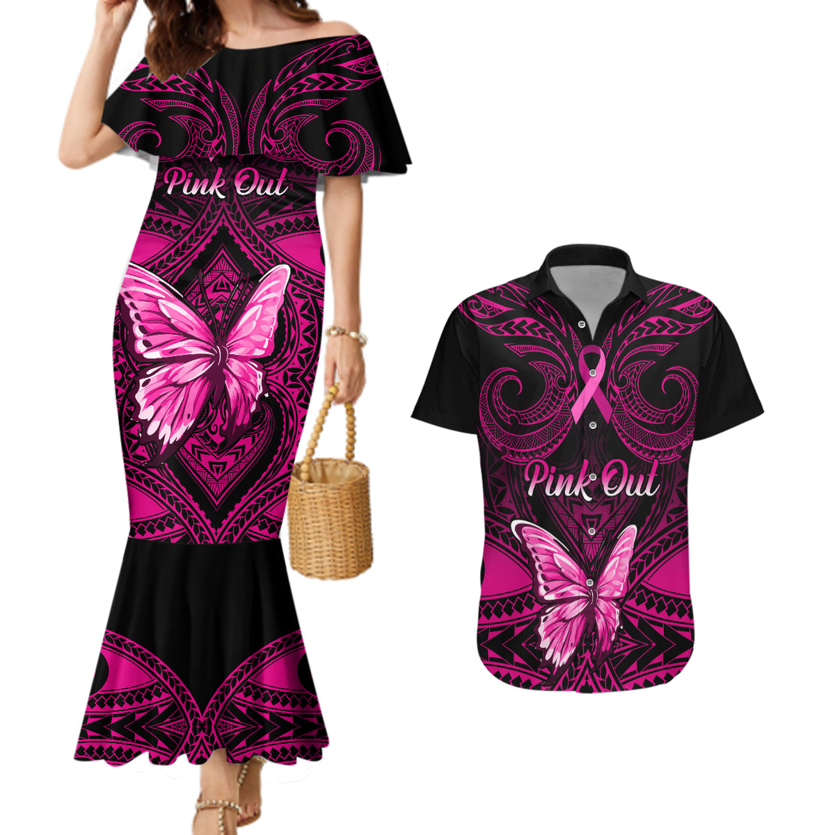 Personalised Pink Out Couples Matching Mermaid Dress and Hawaiian Shirt Breast Cancer Awareness Polynesian Pattern Black Version - Wonder Print Shop