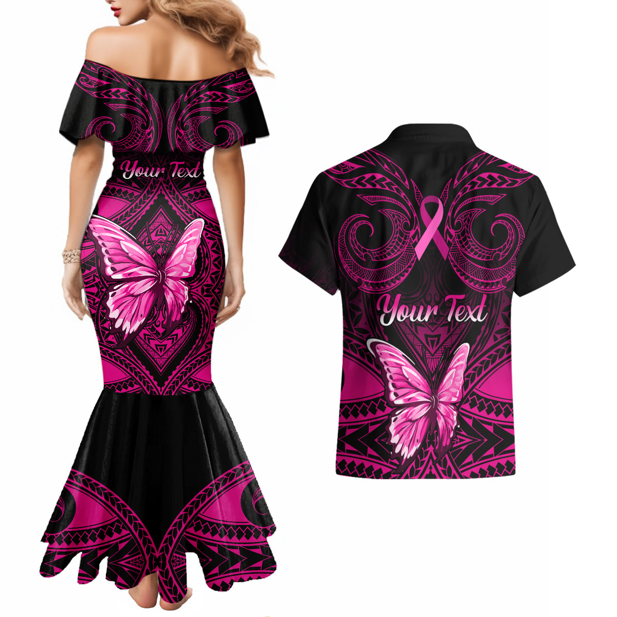Personalised Pink Out Couples Matching Mermaid Dress and Hawaiian Shirt Breast Cancer Awareness Polynesian Pattern Black Version - Wonder Print Shop