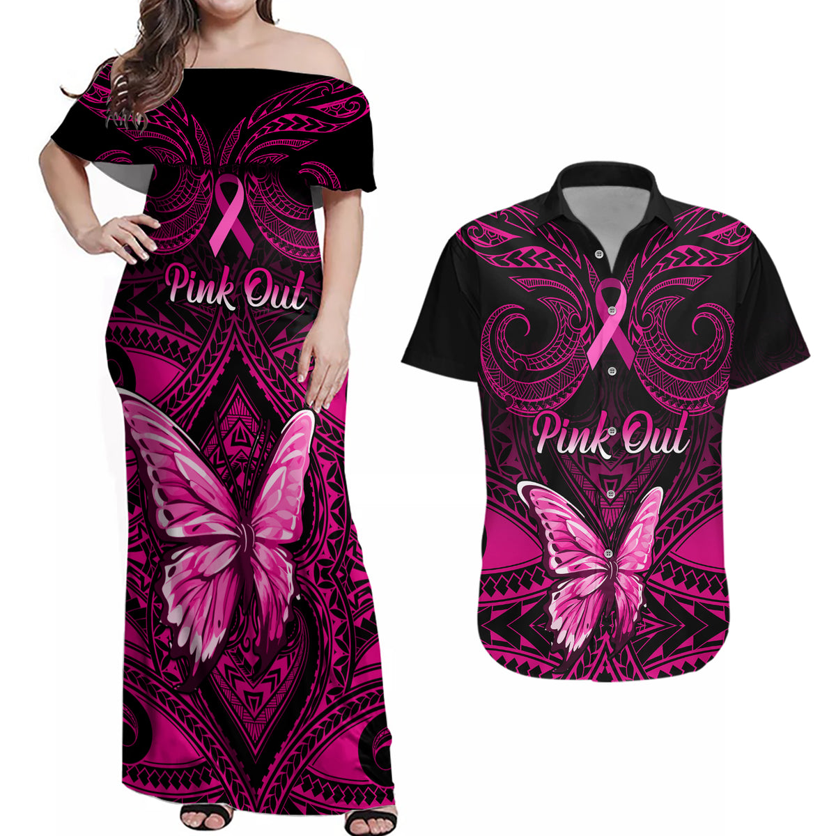 Personalised Pink Out Couples Matching Off Shoulder Maxi Dress and Hawaiian Shirt Breast Cancer Awareness Polynesian Pattern Black Version - Wonder Print Shop