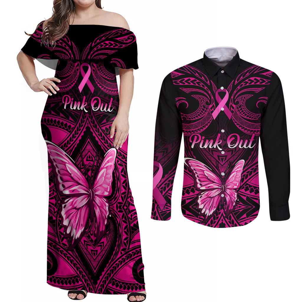 Personalised Pink Out Couples Matching Off Shoulder Maxi Dress and Long Sleeve Button Shirts Breast Cancer Awareness Polynesian Pattern Black Version - Wonder Print Shop