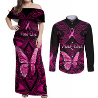 Personalised Pink Out Couples Matching Off Shoulder Maxi Dress and Long Sleeve Button Shirts Breast Cancer Awareness Polynesian Pattern Black Version - Wonder Print Shop