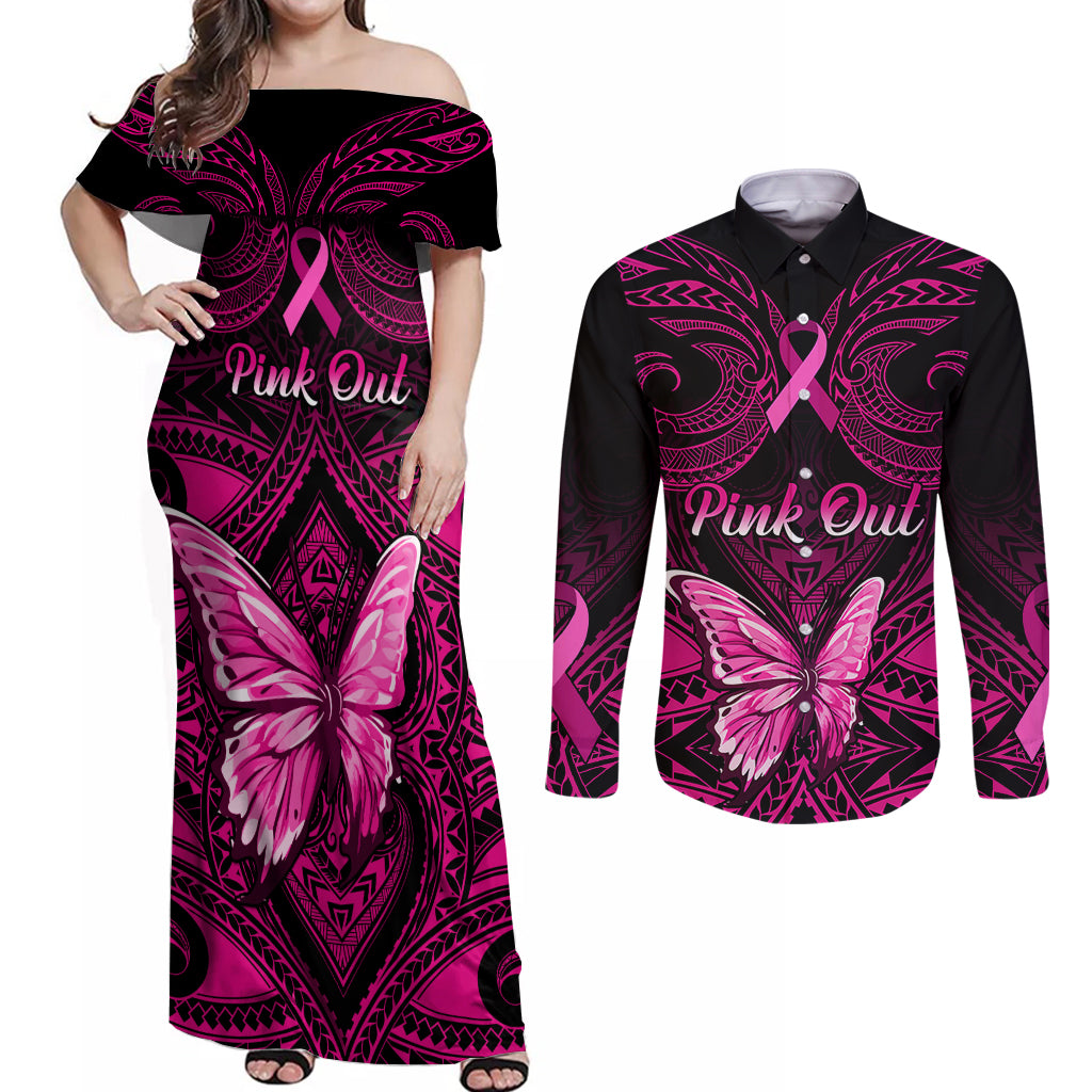 Personalised Pink Out Couples Matching Off Shoulder Maxi Dress and Long Sleeve Button Shirts Breast Cancer Awareness Polynesian Pattern Black Version - Wonder Print Shop