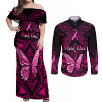 Personalised Pink Out Couples Matching Off Shoulder Maxi Dress and Long Sleeve Button Shirts Breast Cancer Awareness Polynesian Pattern Black Version - Wonder Print Shop