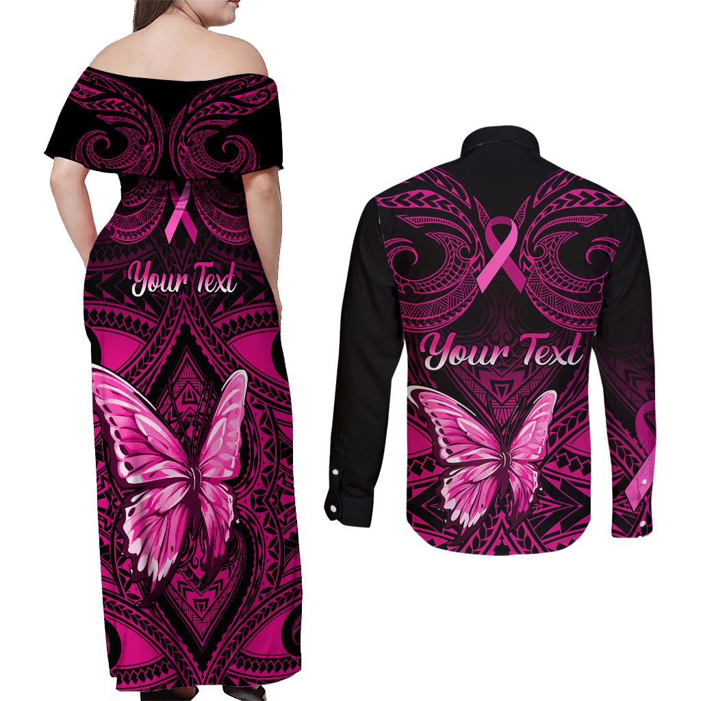 Personalised Pink Out Couples Matching Off Shoulder Maxi Dress and Long Sleeve Button Shirts Breast Cancer Awareness Polynesian Pattern Black Version - Wonder Print Shop