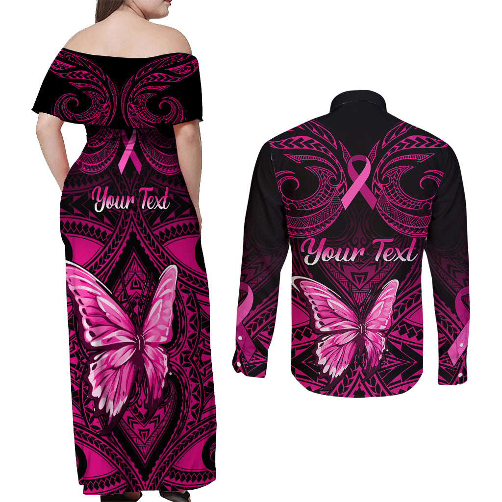 Personalised Pink Out Couples Matching Off Shoulder Maxi Dress and Long Sleeve Button Shirts Breast Cancer Awareness Polynesian Pattern Black Version - Wonder Print Shop