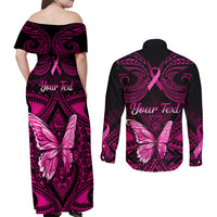 Personalised Pink Out Couples Matching Off Shoulder Maxi Dress and Long Sleeve Button Shirts Breast Cancer Awareness Polynesian Pattern Black Version - Wonder Print Shop
