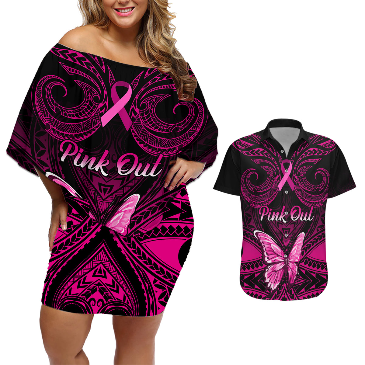 Personalised Pink Out Couples Matching Off Shoulder Short Dress and Hawaiian Shirt Breast Cancer Awareness Polynesian Pattern Black Version - Wonder Print Shop