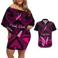 Personalised Pink Out Couples Matching Off Shoulder Short Dress and Hawaiian Shirt Breast Cancer Awareness Polynesian Pattern Black Version - Wonder Print Shop
