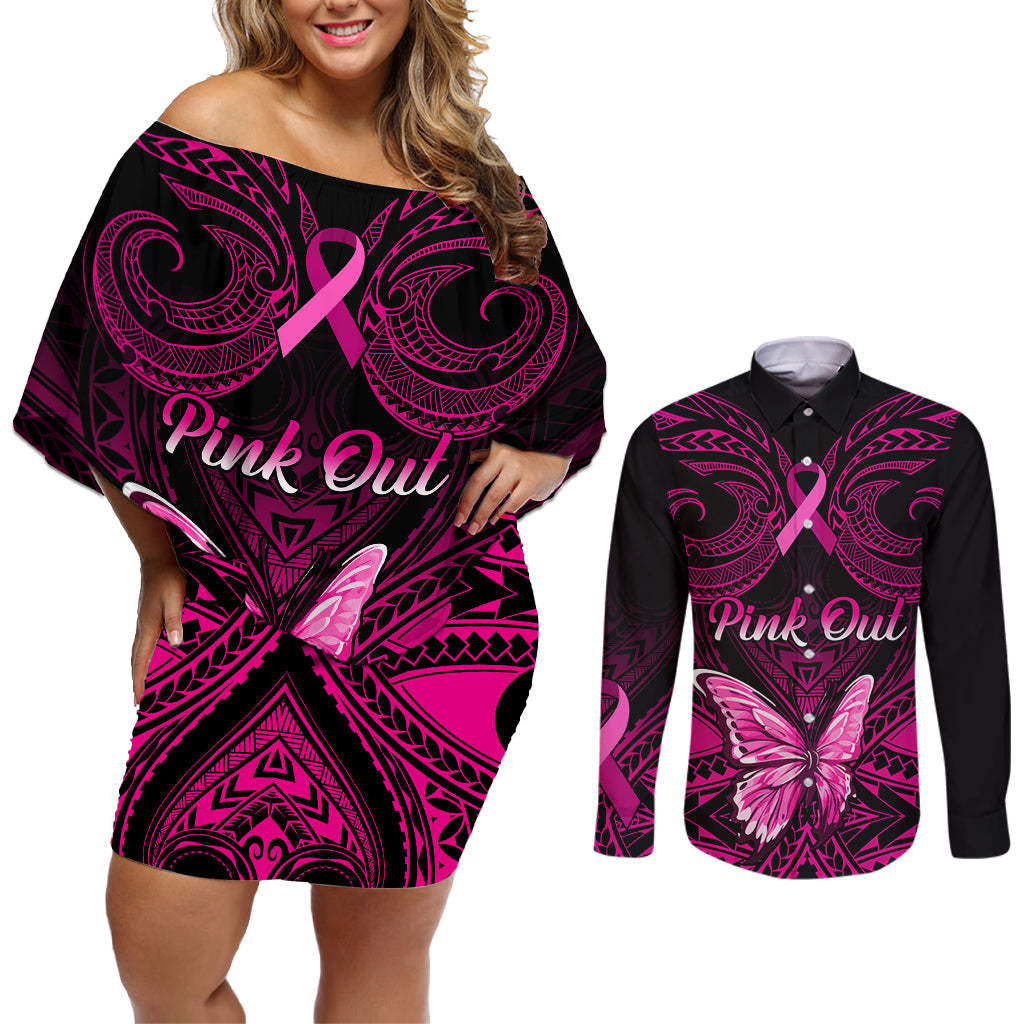 Personalised Pink Out Couples Matching Off Shoulder Short Dress and Long Sleeve Button Shirts Breast Cancer Awareness Polynesian Pattern Black Version - Wonder Print Shop