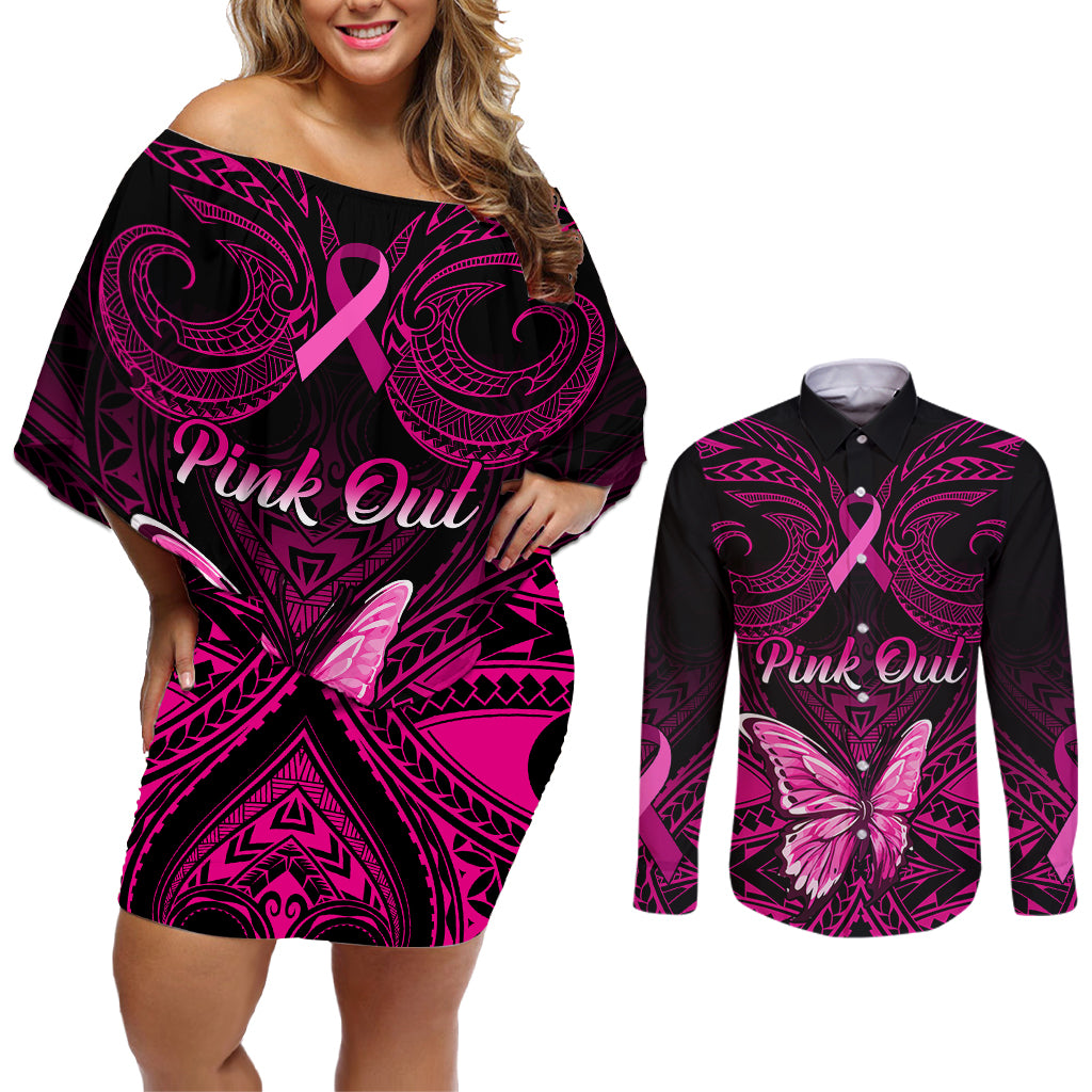 Personalised Pink Out Couples Matching Off Shoulder Short Dress and Long Sleeve Button Shirts Breast Cancer Awareness Polynesian Pattern Black Version - Wonder Print Shop