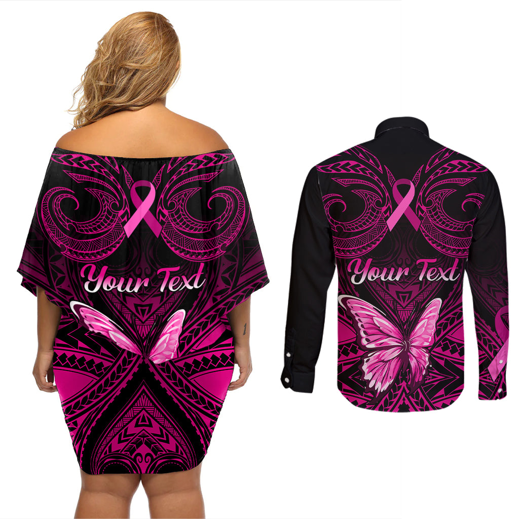 Personalised Pink Out Couples Matching Off Shoulder Short Dress and Long Sleeve Button Shirts Breast Cancer Awareness Polynesian Pattern Black Version - Wonder Print Shop