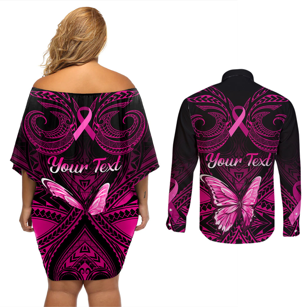 Personalised Pink Out Couples Matching Off Shoulder Short Dress and Long Sleeve Button Shirts Breast Cancer Awareness Polynesian Pattern Black Version - Wonder Print Shop