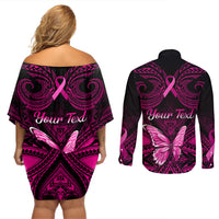 Personalised Pink Out Couples Matching Off Shoulder Short Dress and Long Sleeve Button Shirts Breast Cancer Awareness Polynesian Pattern Black Version - Wonder Print Shop