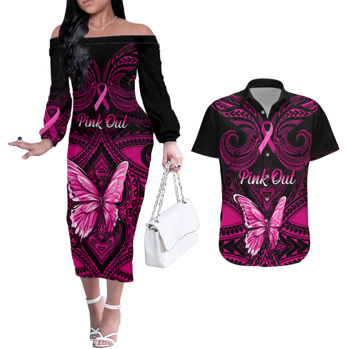 Personalised Pink Out Couples Matching Off The Shoulder Long Sleeve Dress and Hawaiian Shirt Breast Cancer Awareness Polynesian Pattern Black Version - Wonder Print Shop