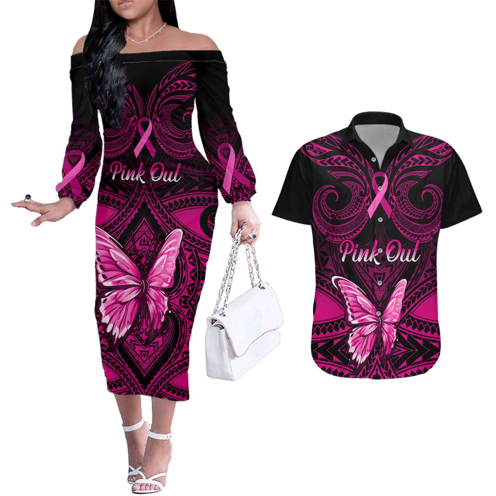 Personalised Pink Out Couples Matching Off The Shoulder Long Sleeve Dress and Hawaiian Shirt Breast Cancer Awareness Polynesian Pattern Black Version - Wonder Print Shop
