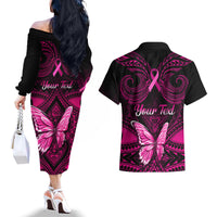 Personalised Pink Out Couples Matching Off The Shoulder Long Sleeve Dress and Hawaiian Shirt Breast Cancer Awareness Polynesian Pattern Black Version - Wonder Print Shop
