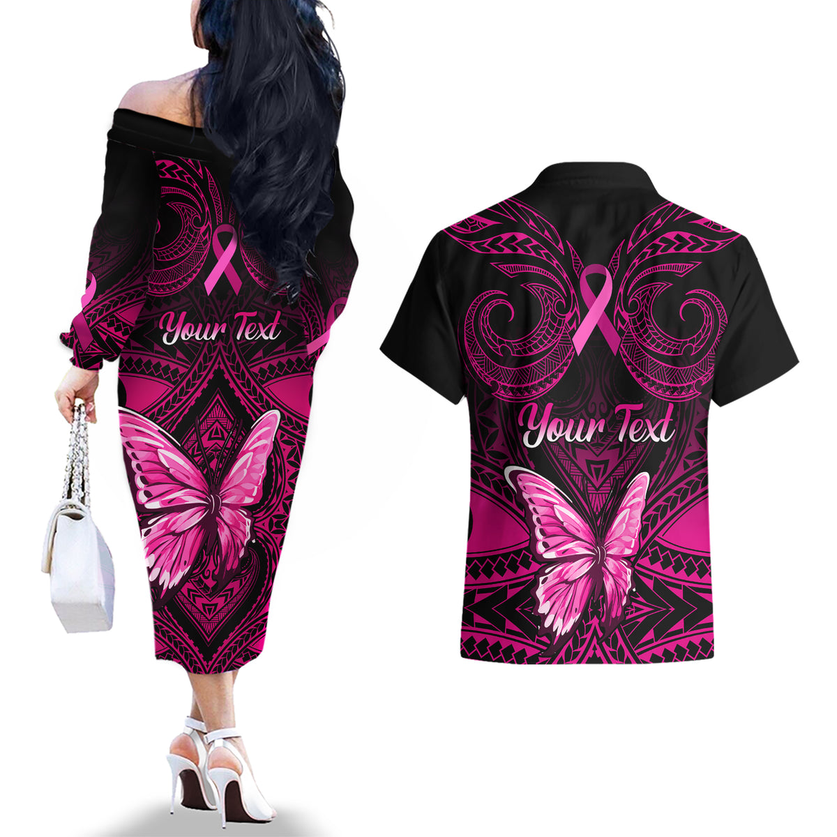 Personalised Pink Out Couples Matching Off The Shoulder Long Sleeve Dress and Hawaiian Shirt Breast Cancer Awareness Polynesian Pattern Black Version - Wonder Print Shop