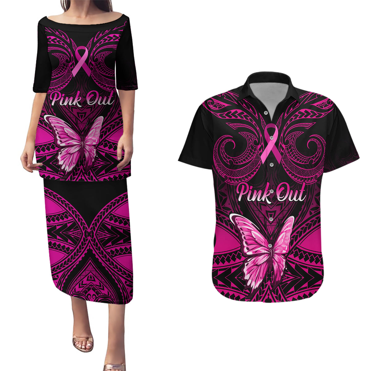 Personalised Pink Out Couples Matching Puletasi Dress and Hawaiian Shirt Breast Cancer Awareness Polynesian Pattern Black Version - Wonder Print Shop