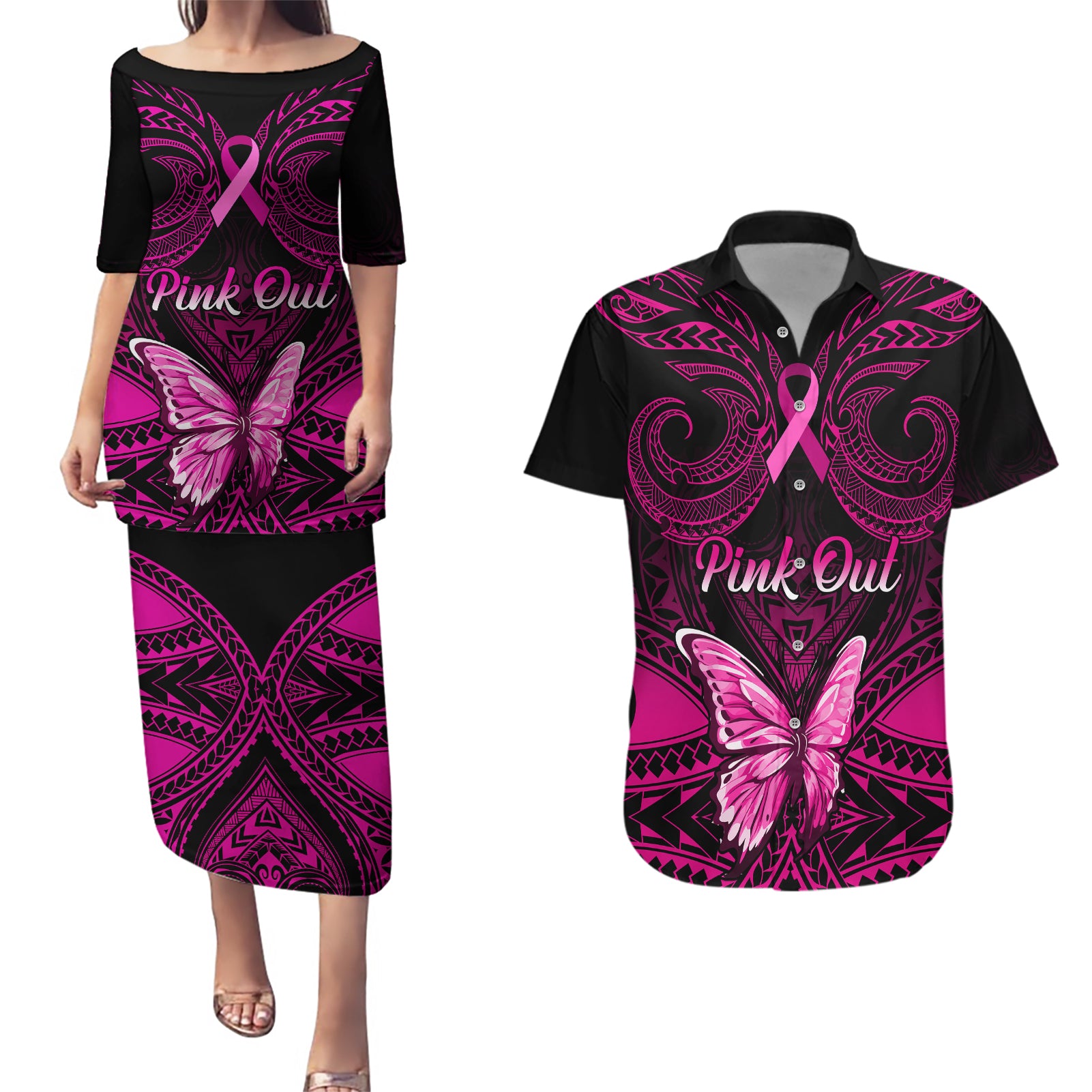 Personalised Pink Out Couples Matching Puletasi Dress and Hawaiian Shirt Breast Cancer Awareness Polynesian Pattern Black Version - Wonder Print Shop