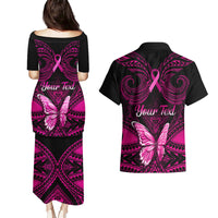 Personalised Pink Out Couples Matching Puletasi Dress and Hawaiian Shirt Breast Cancer Awareness Polynesian Pattern Black Version - Wonder Print Shop