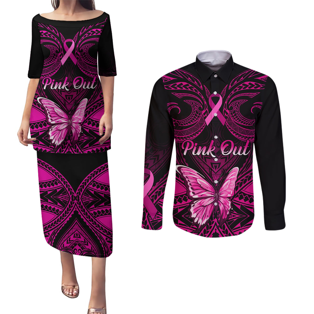 Personalised Pink Out Couples Matching Puletasi Dress and Long Sleeve Button Shirts Breast Cancer Awareness Polynesian Pattern Black Version - Wonder Print Shop