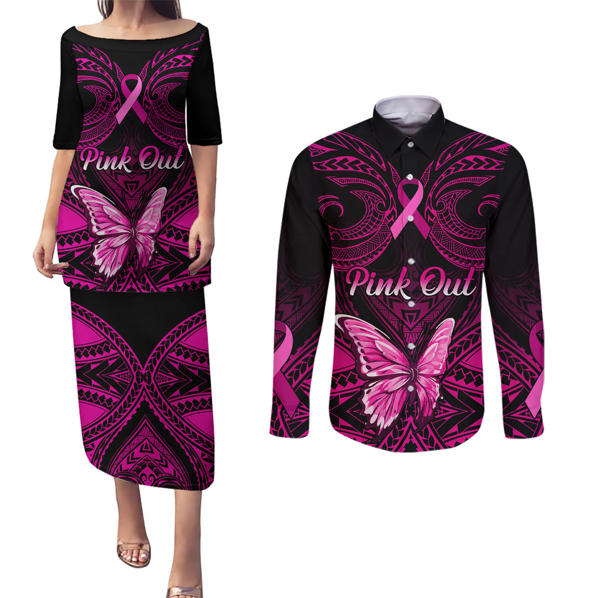 Personalised Pink Out Couples Matching Puletasi Dress and Long Sleeve Button Shirts Breast Cancer Awareness Polynesian Pattern Black Version - Wonder Print Shop