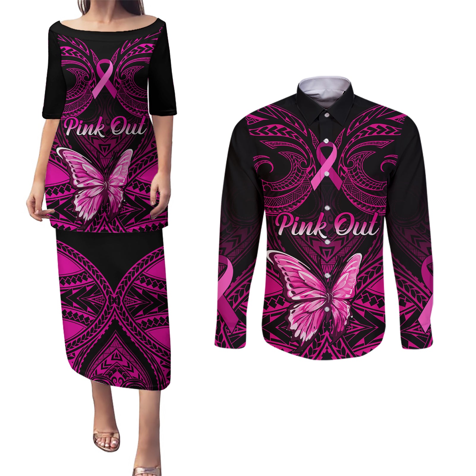 Personalised Pink Out Couples Matching Puletasi Dress and Long Sleeve Button Shirts Breast Cancer Awareness Polynesian Pattern Black Version - Wonder Print Shop