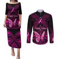 Personalised Pink Out Couples Matching Puletasi Dress and Long Sleeve Button Shirts Breast Cancer Awareness Polynesian Pattern Black Version - Wonder Print Shop