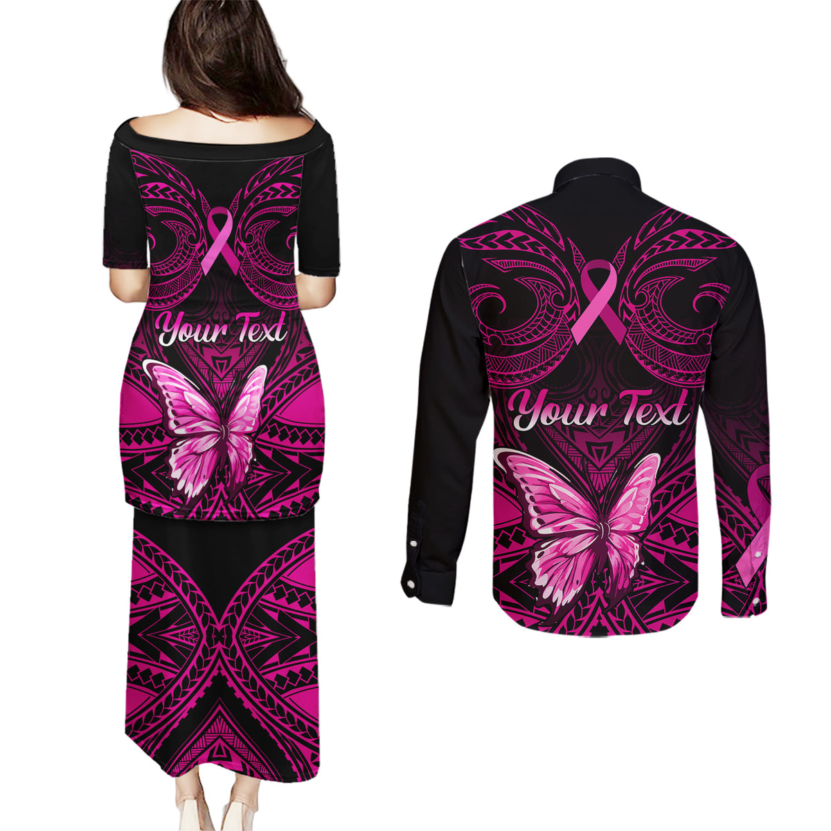Personalised Pink Out Couples Matching Puletasi Dress and Long Sleeve Button Shirts Breast Cancer Awareness Polynesian Pattern Black Version - Wonder Print Shop