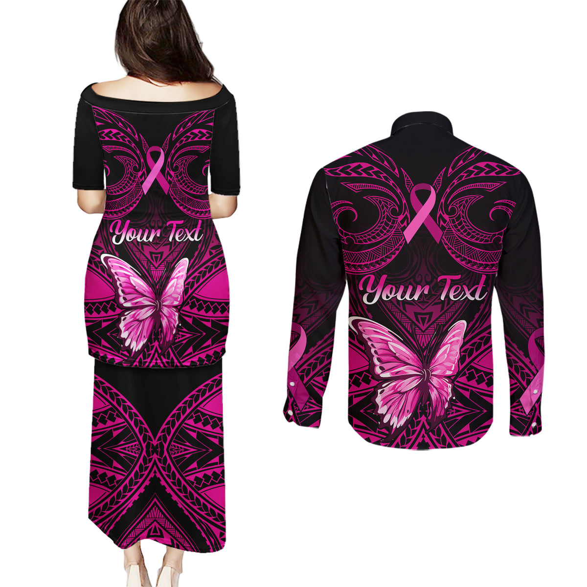 Personalised Pink Out Couples Matching Puletasi Dress and Long Sleeve Button Shirts Breast Cancer Awareness Polynesian Pattern Black Version - Wonder Print Shop