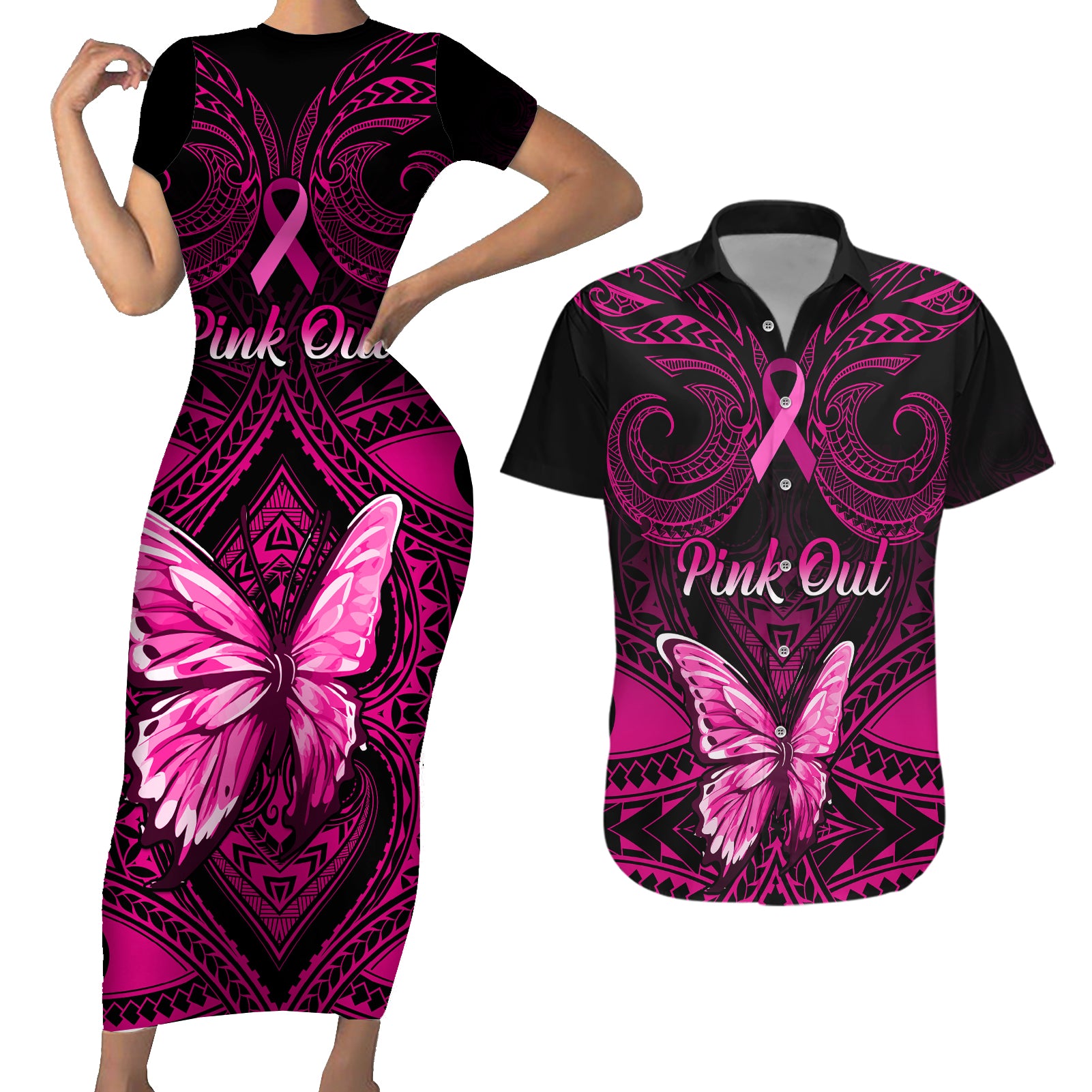 Personalised Pink Out Couples Matching Short Sleeve Bodycon Dress and Hawaiian Shirt Breast Cancer Awareness Polynesian Pattern Black Version - Wonder Print Shop