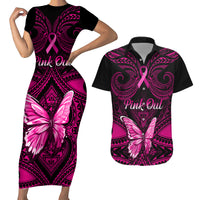 Personalised Pink Out Couples Matching Short Sleeve Bodycon Dress and Hawaiian Shirt Breast Cancer Awareness Polynesian Pattern Black Version - Wonder Print Shop